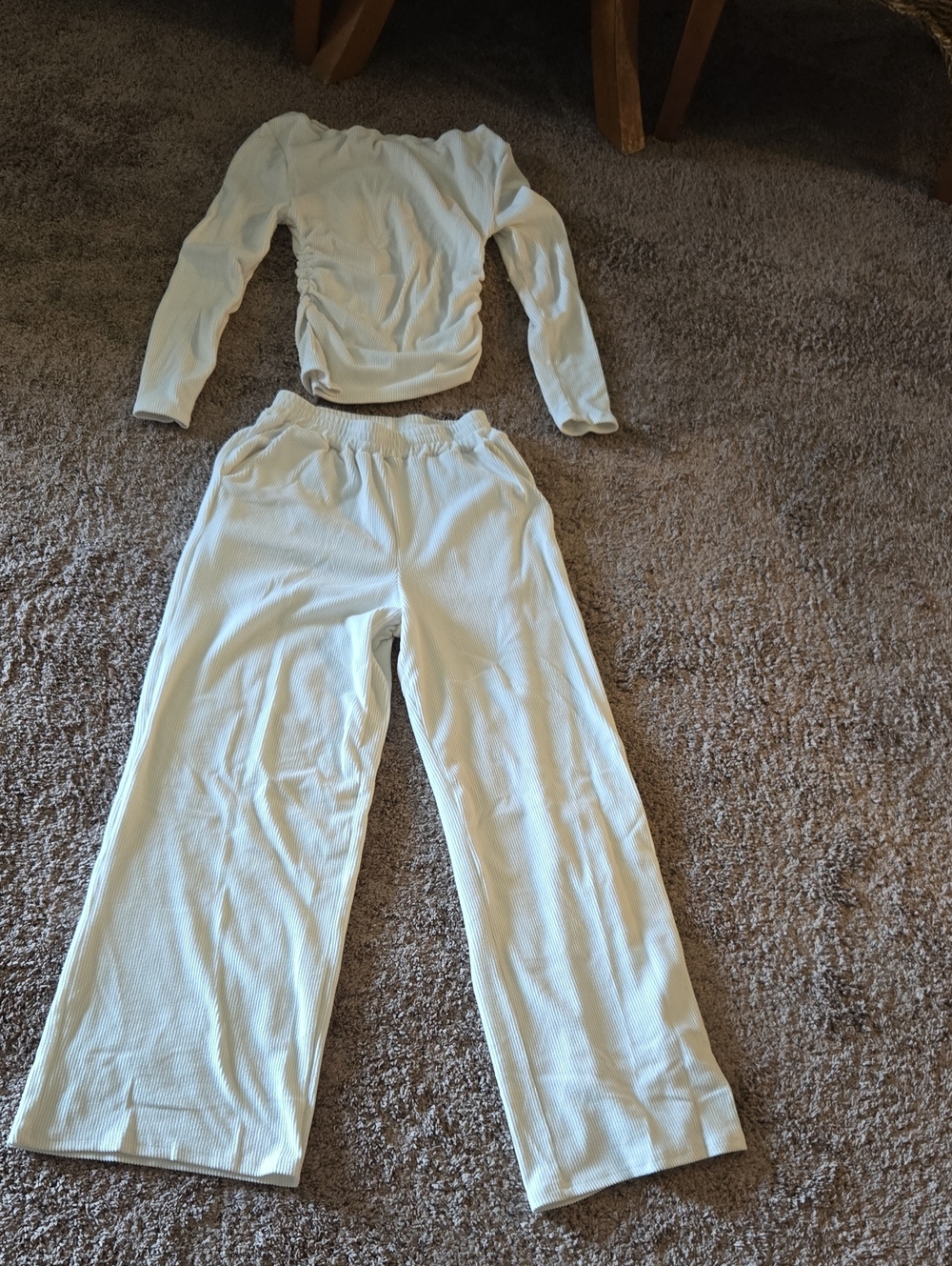 Unknow. Source White Ribbed  Set - Long Sleeve Top & Pants